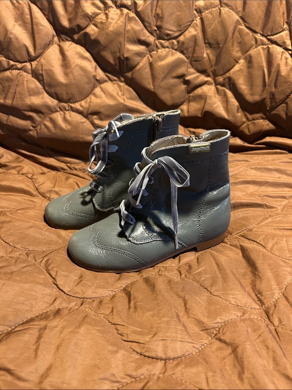 Angulus Blue Leather Lace-Up Girls' Ankle Boots with Side Zip